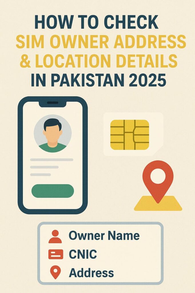 “Step-by-step guide illustration showing SIM owner name, CNIC, and address details with mobile phone, SIM card, and location pin for Pakistan 2025.”