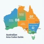 Map of Australia showing area codes by region - 02 NSW, 03 VIC, 07 QLD, 08 SA WA NT