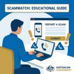 Scamwatch educational guide showing person reporting phone scam to Australian government